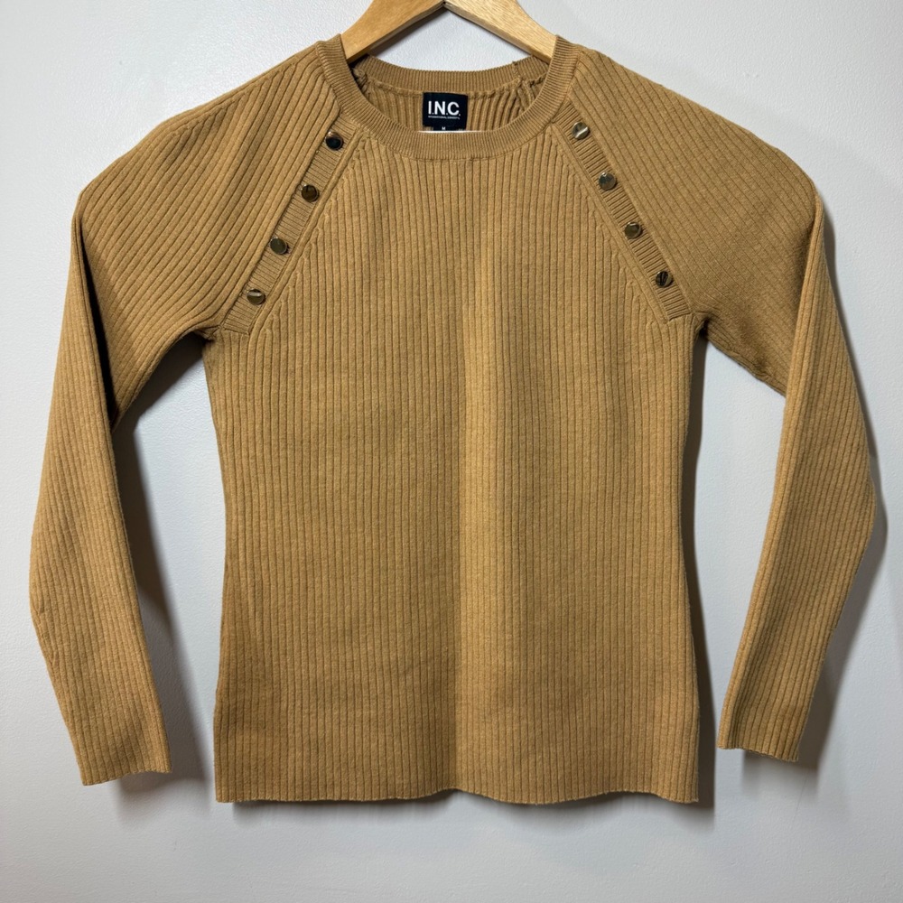 INC International Concepts Womens M Camel Ribbed Knit Gold Button Sweater